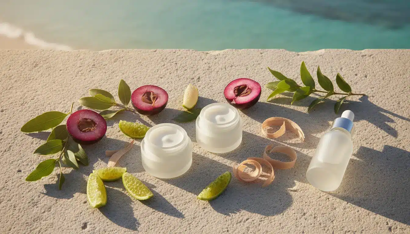 Skincare products with sliced plums and limes on sunny sand surface near the sea