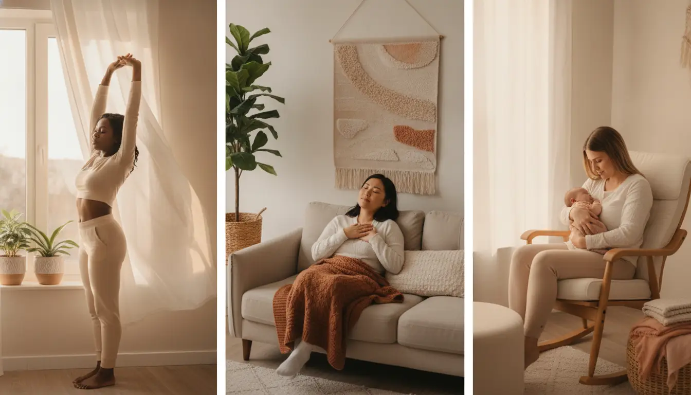 Women practicing morning routines in cozy sunlit home settings with natural decor elements