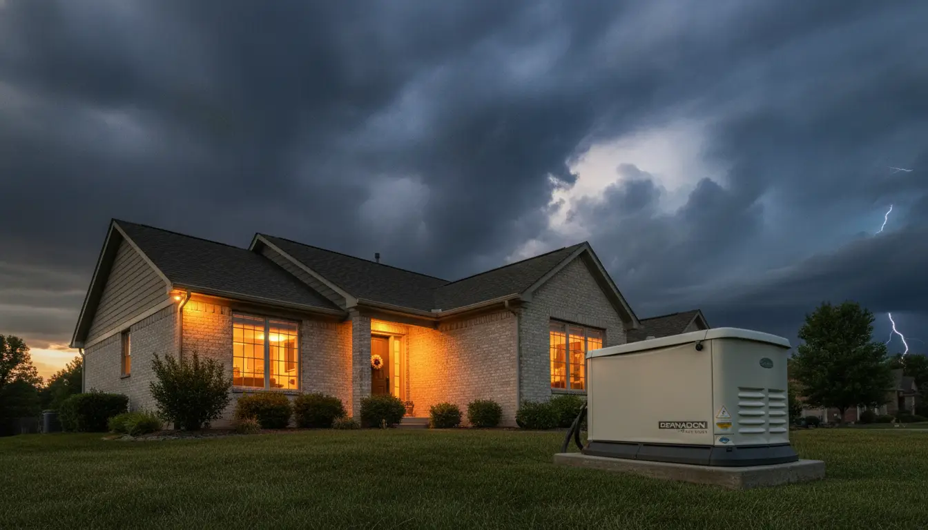 Suburban house with illuminated windows during stormy night and lightning in the background