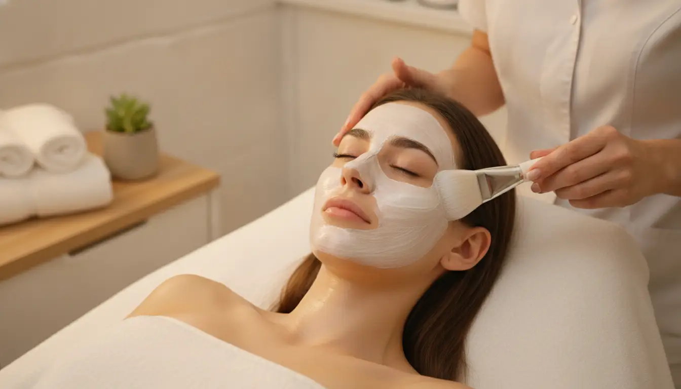 Facial treatment with white mask applied by beautician in spa setting with soft lighting.