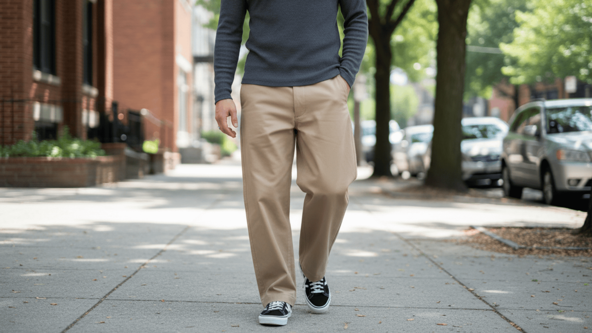 wide leg chino pants paired with casual shoes