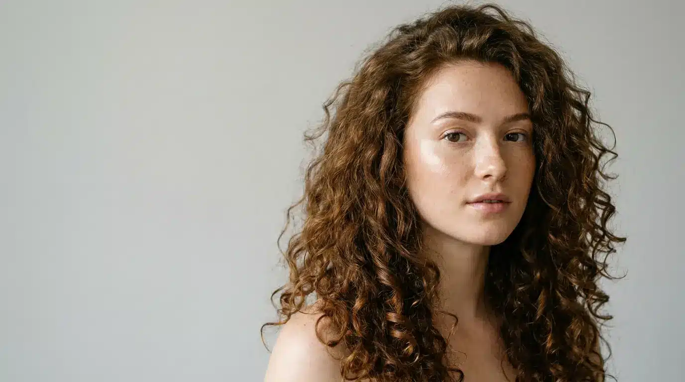 Woman with natural Irish curls showing a mix of waves and defined curls