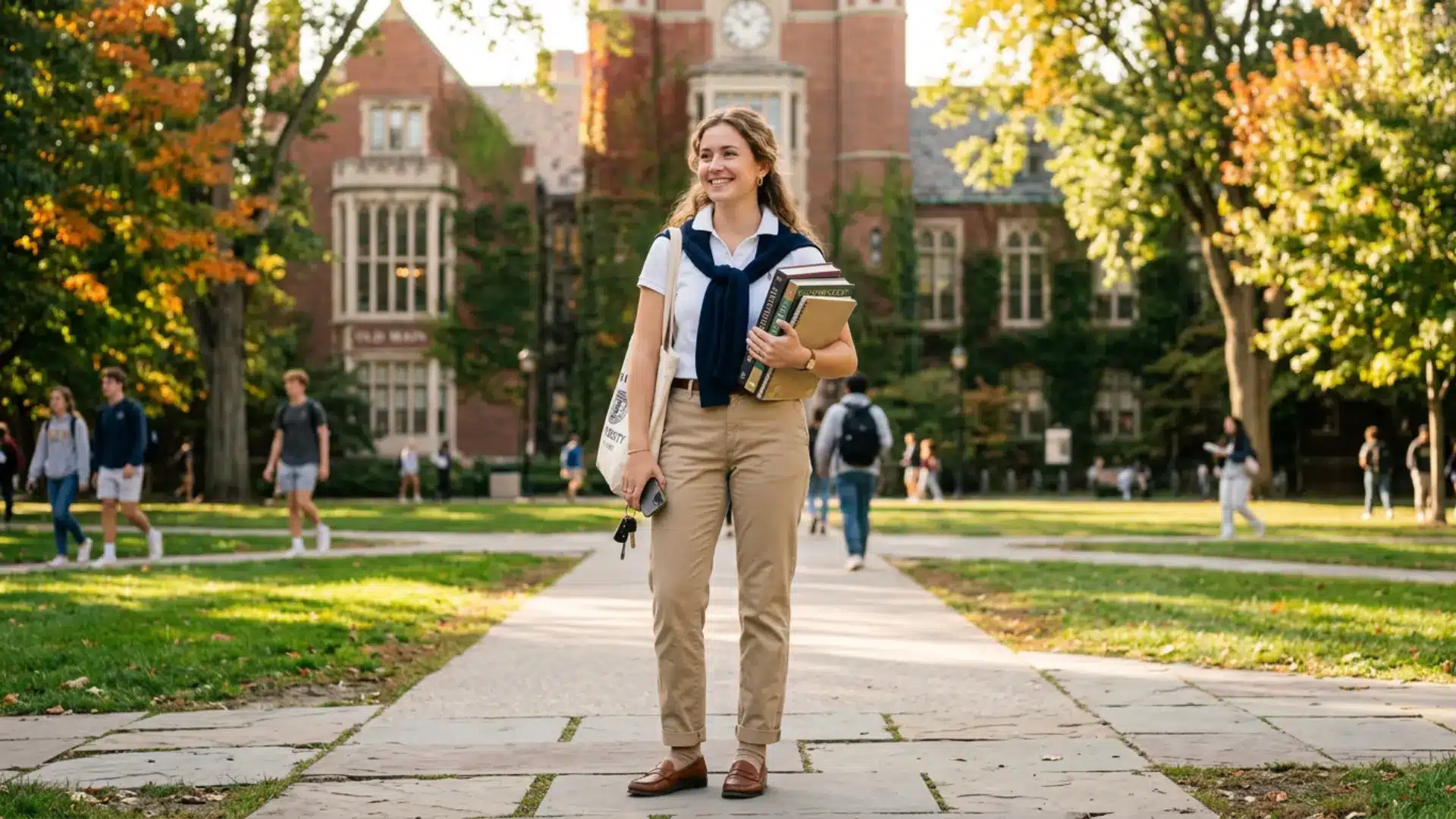 Woman wearing a classic preppy outfit of polo shirt, chinos, and a sweater tied over her shoulders on a college campus