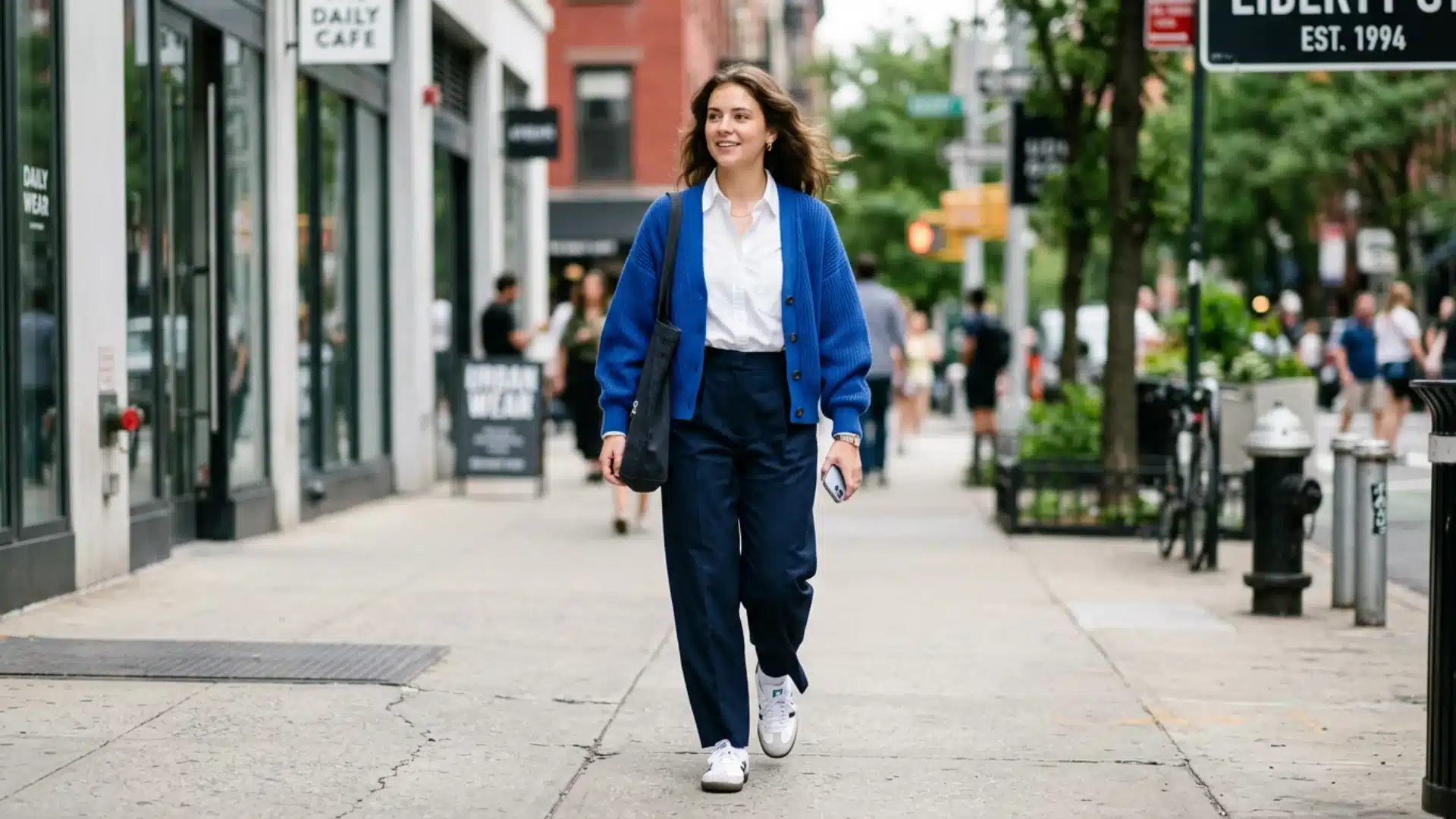 Woman wearing a relaxed modern preppy outfit with a cobalt blue cardigan and wide-leg trousers on a city street