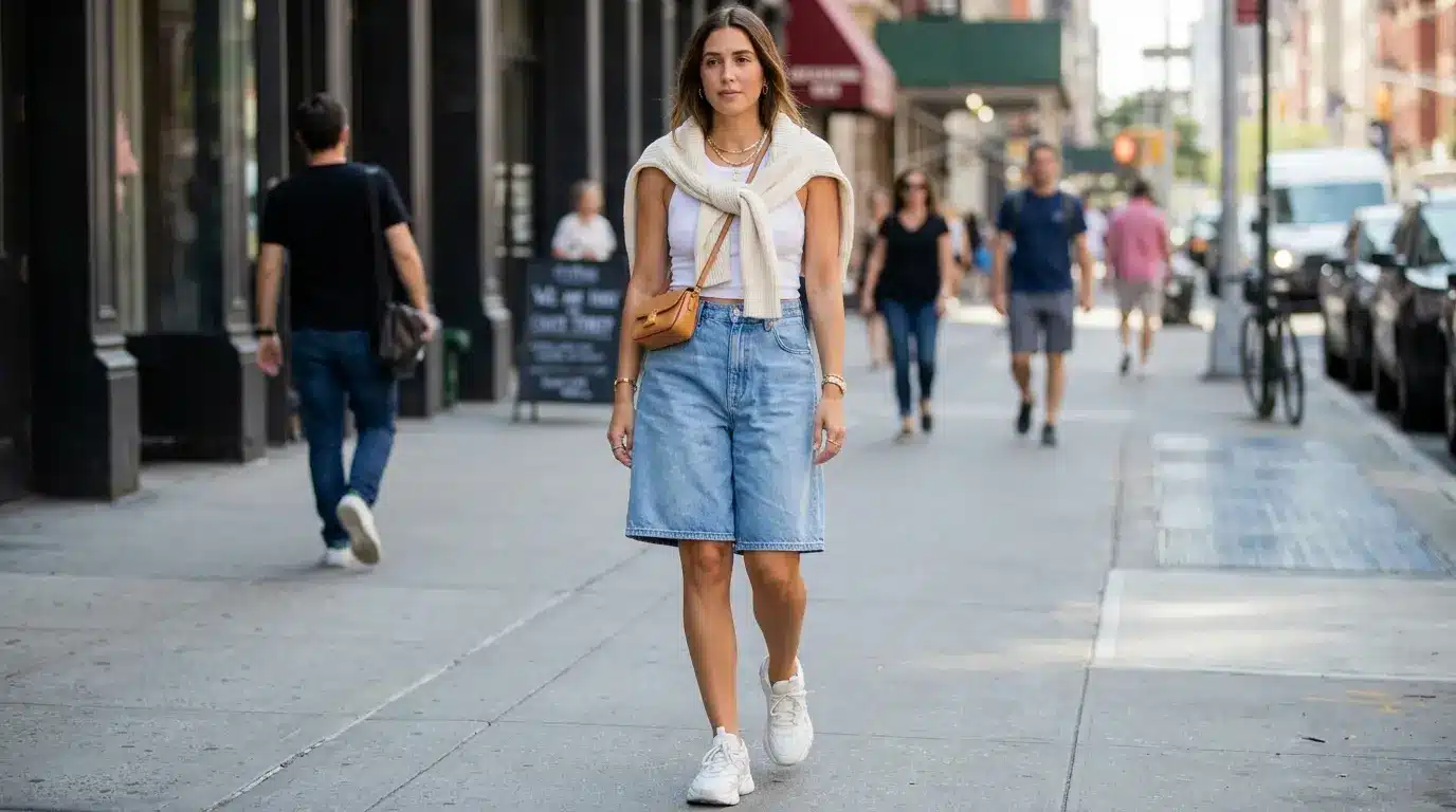 Women's high-waisted jorts styled with a fitted top and layered accessories