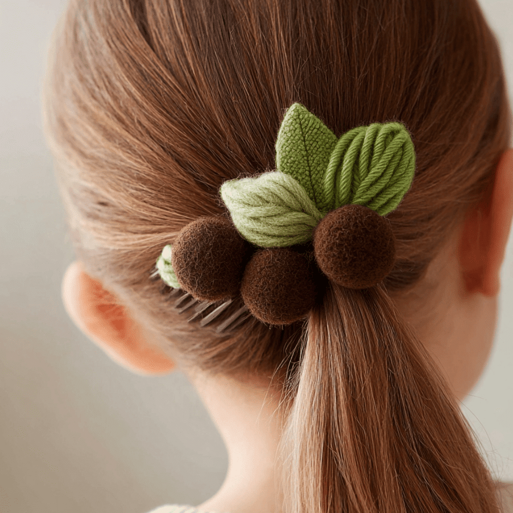 Ponytail hairstyle featuring soft acorn pom pom clips and green leaf decorations.