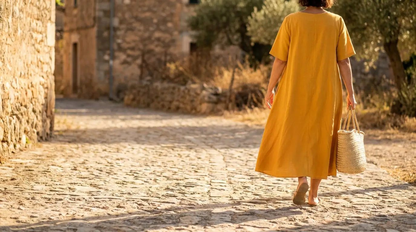 Person in mustard dress walking down cobblestone path holding woven basket in sunny village setting