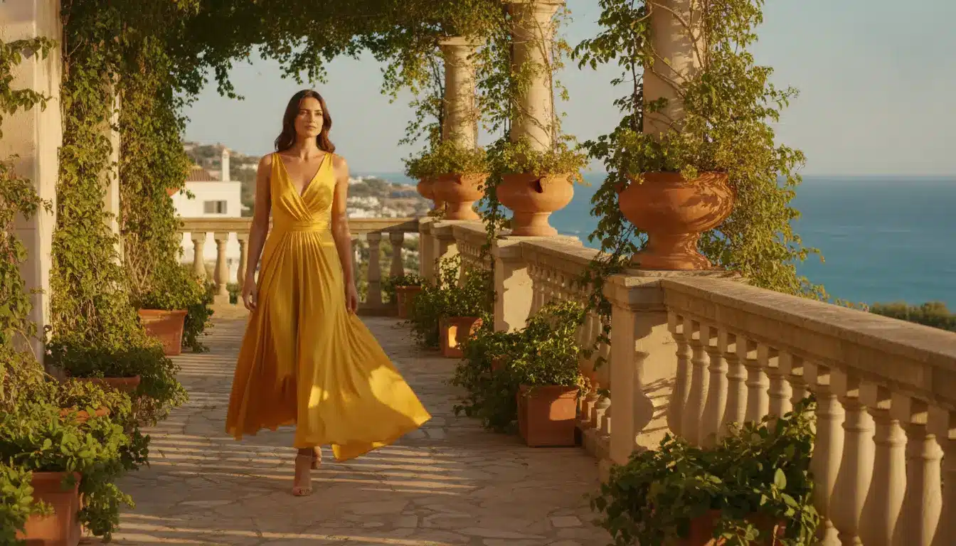 Woman in yellow dress walking on sunlit terrace with ocean view and lush greenery