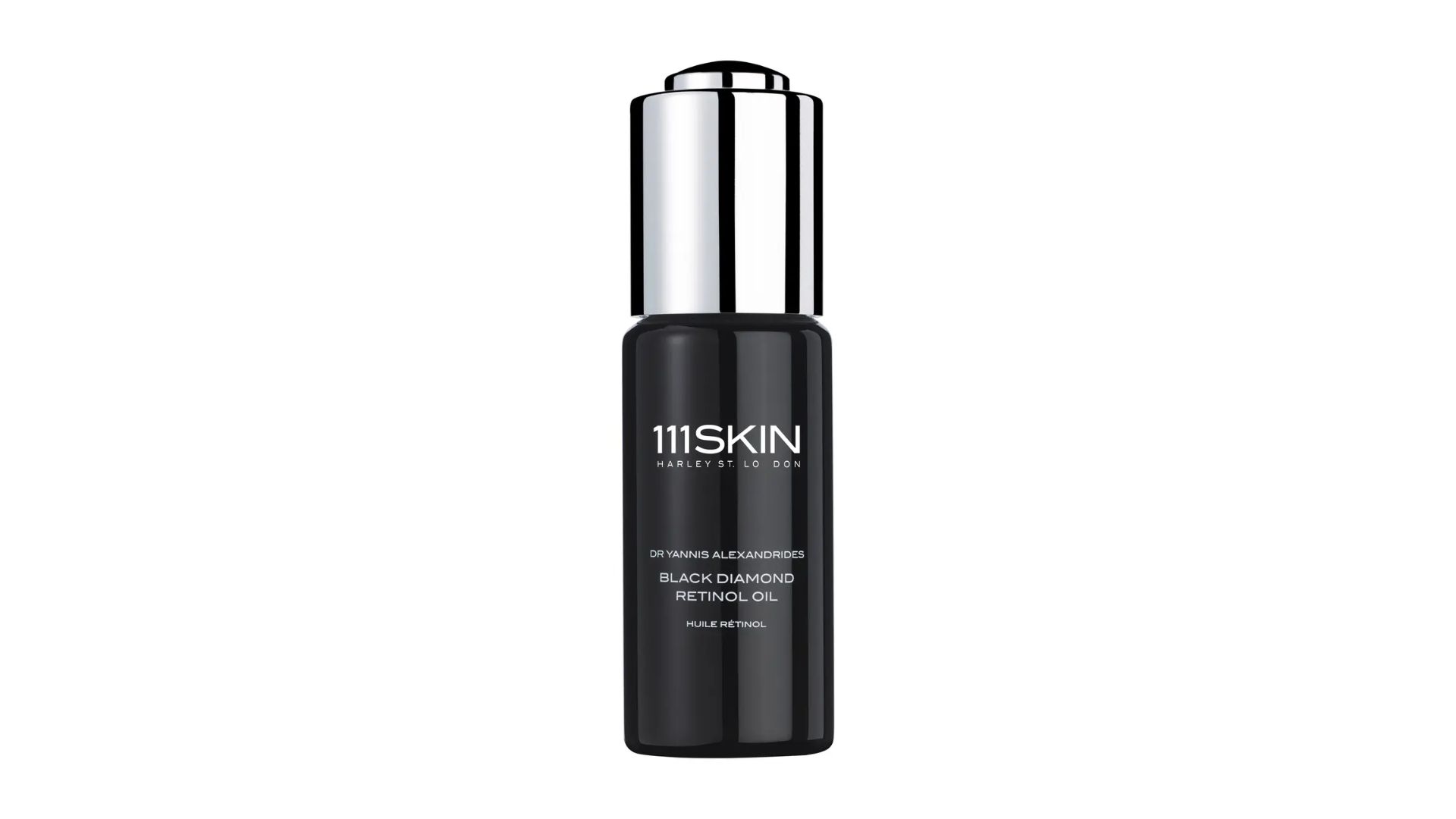 111SKIN Black Diamond Retinol Oil in a sleek black bottle with a silver cap displayed against a clean white background