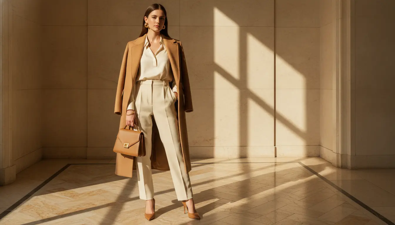 Woman in tan coat holding handbag in sunlit hallway with beige walls and floor