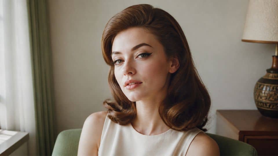Woman wearing iconic 60s makeup with bold eyeliner, vintage hairstyle, soft pastel eyeshadow, and retro beauty style