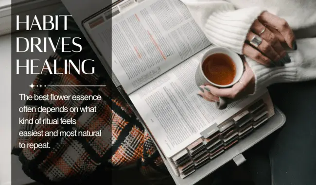 Person holding cup of tea over open book with page markers on cozy blanket