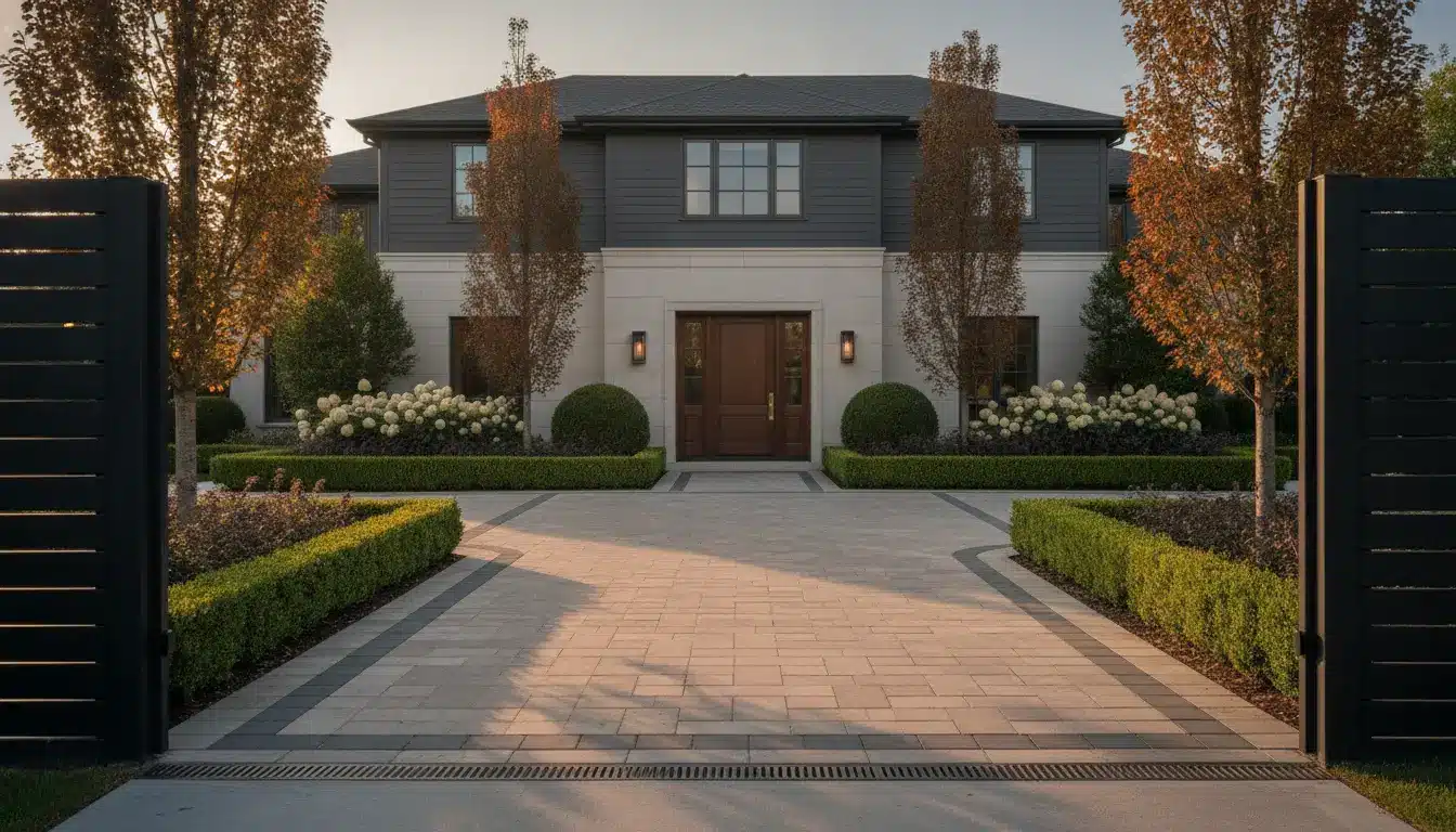 Modern two-story house with landscaped driveway and symmetrical garden in evening light
