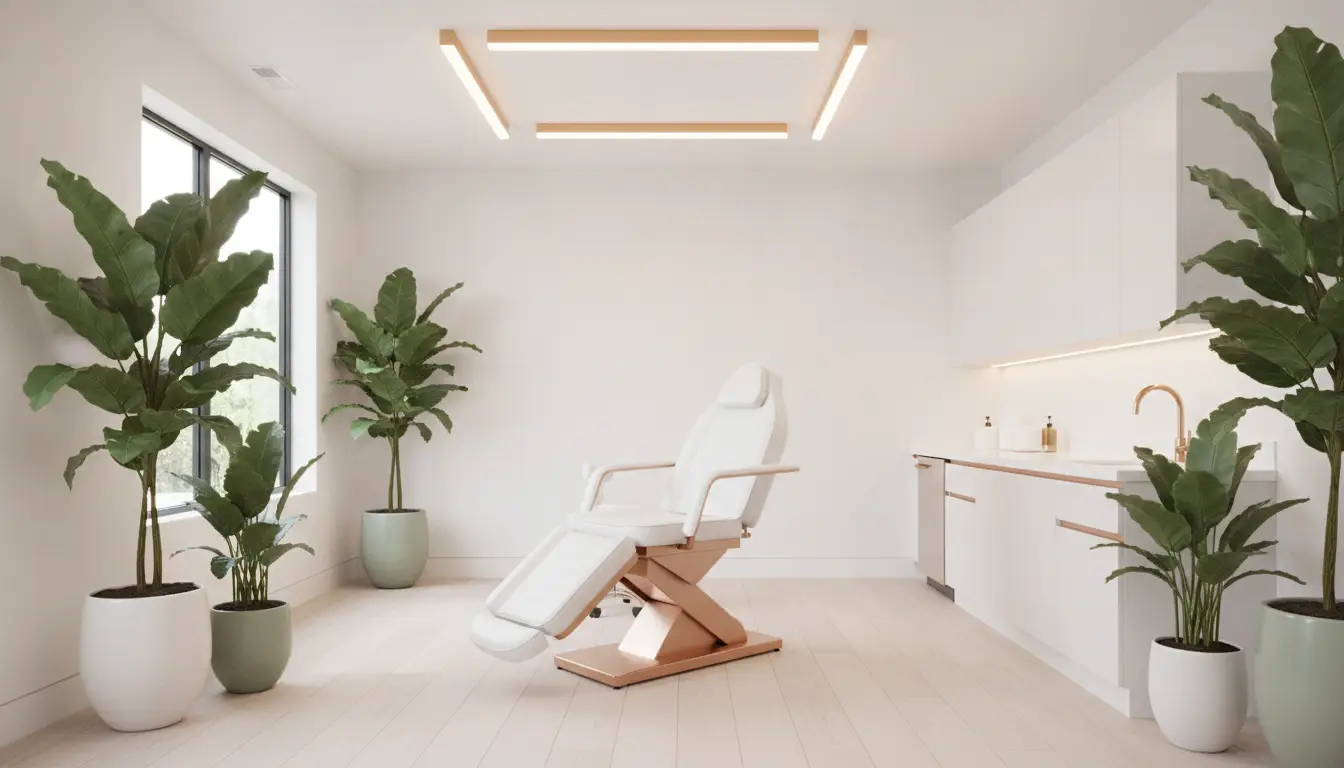 Cosmetic treatment chair in modern spa room with potted plants and white cabinets