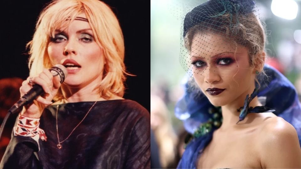 Debbie Harry and Zendaya in 80s rocker makeup with dramatic eyes and dark lips
