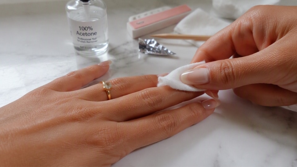 Cotton pad soaked with acetone placed on a press on nail during the removal process