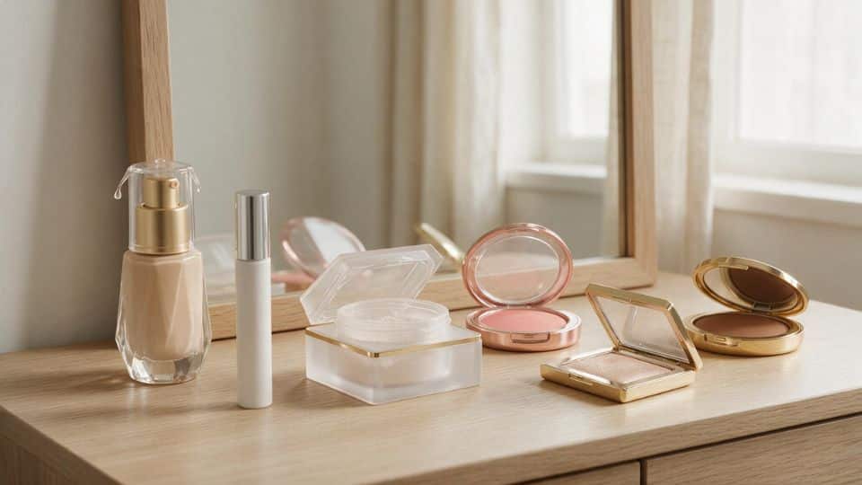 Foundation concealer powder blush bronzer and highlighter arranged neatly as everyday face makeup essentials