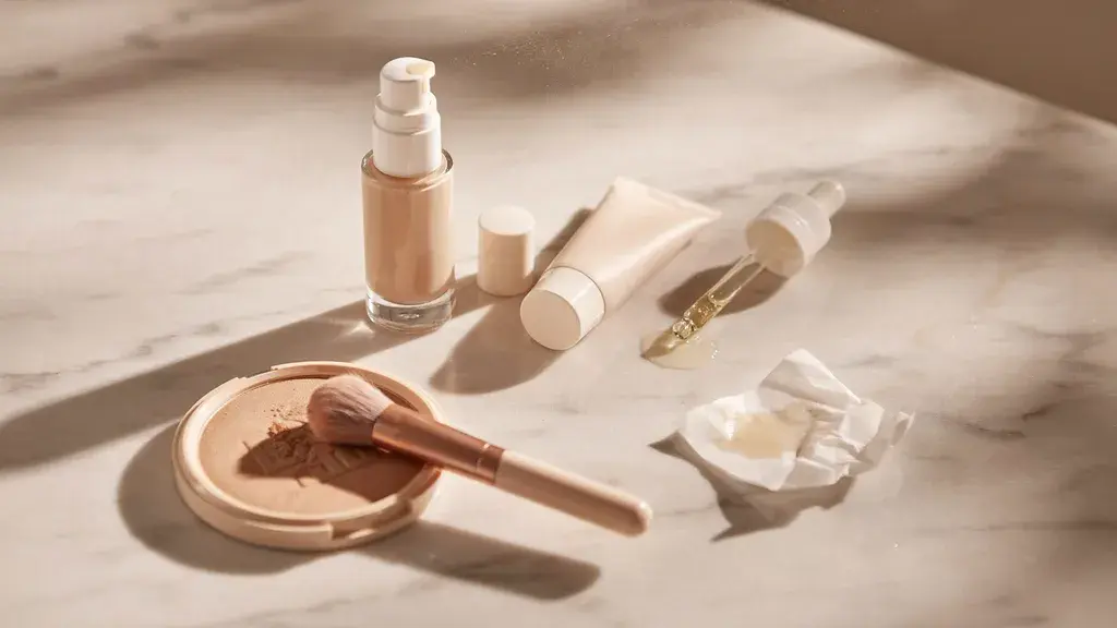 Mattifying makeup products including foundation powder primer and blotting paper arranged for oily skin routine on vanity surface