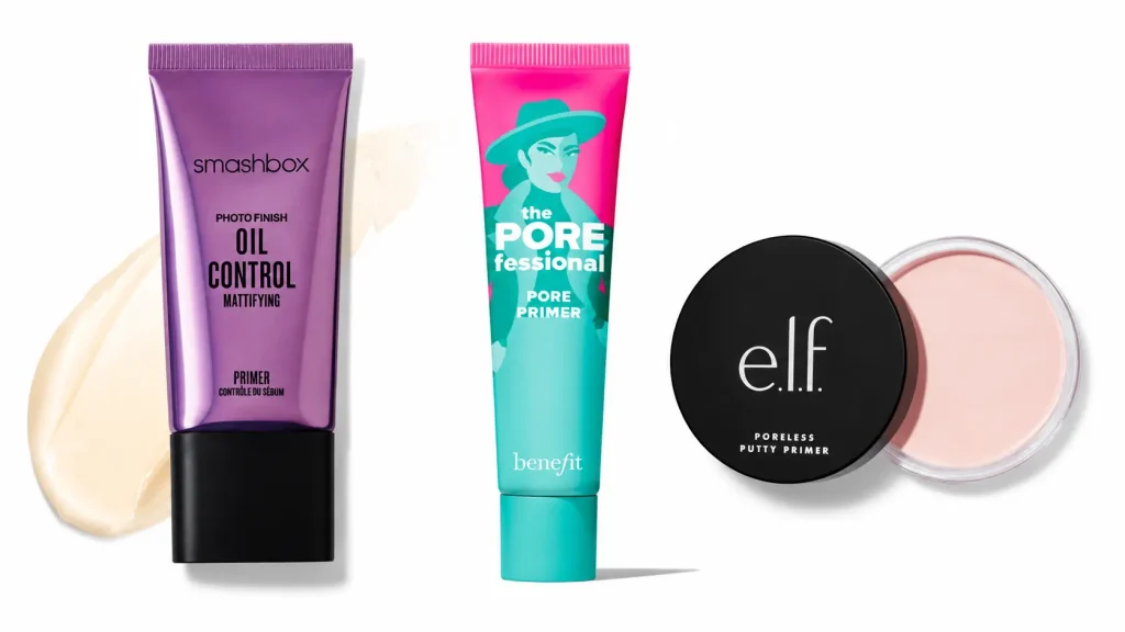 Smashbox, Benefit and e.l.f. pore minimizing primers shown with cream swatches against a clean white background