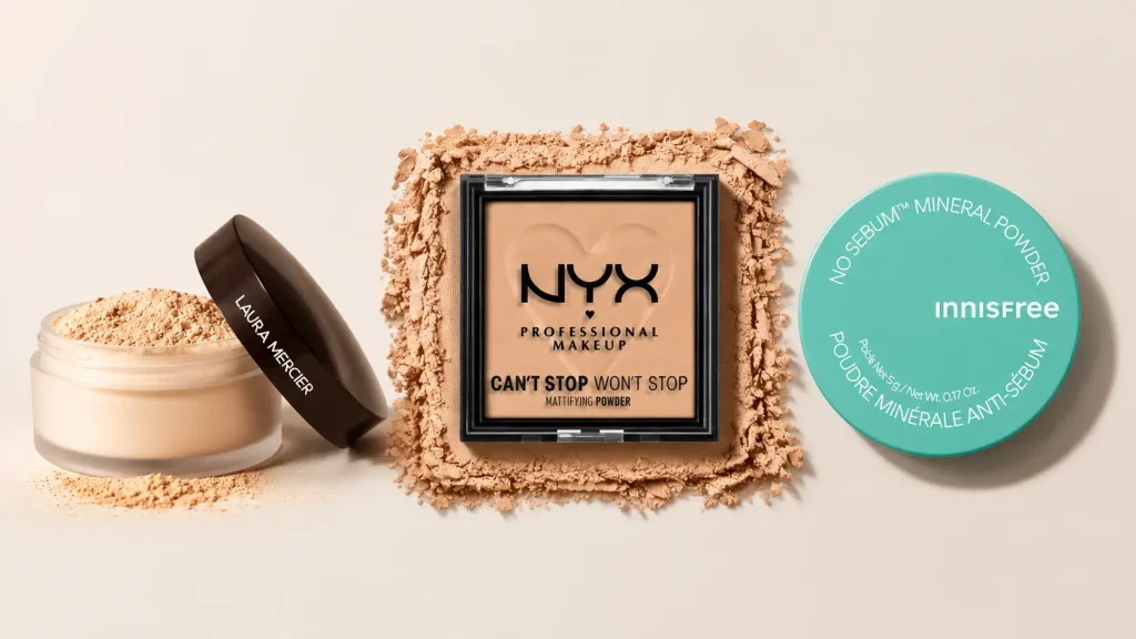 Laura Mercier, NYX and Innisfree setting powders arranged side by side on a soft beige background with powder textures and shadows