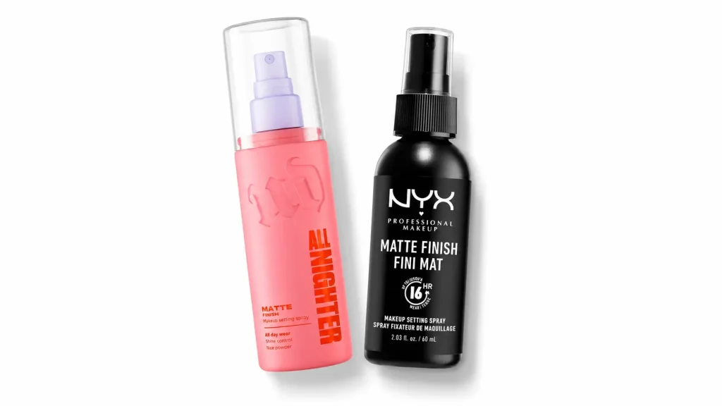 Urban Decay All Nighter and NYX Matte Finish setting sprays displayed side by side on a clean white background