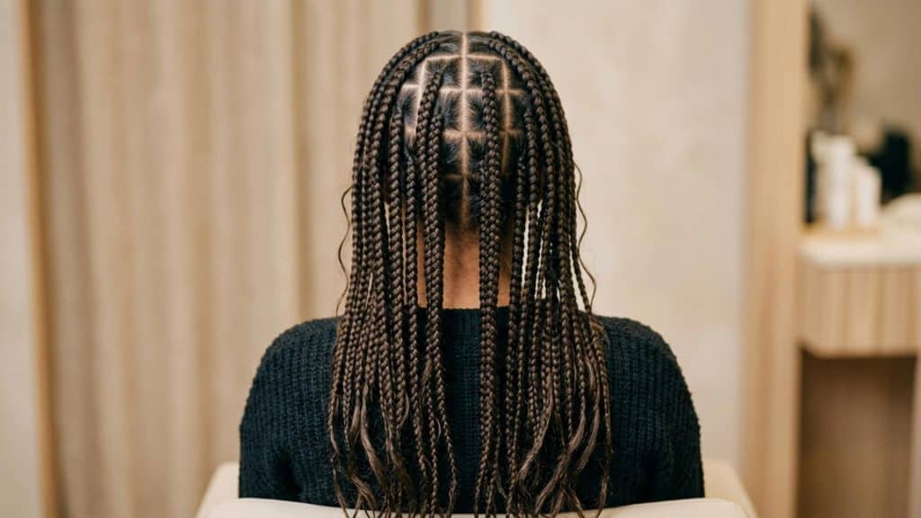 Back view of neat box braids with clean square sections and long individual protective braids
