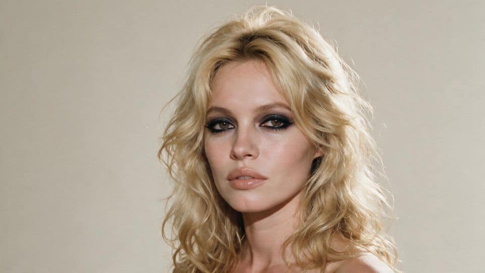 Brigitte Bardot inspired 60s makeup with smoky eyeliner, soft eyeshadow, thick lashes, and glossy nude lips