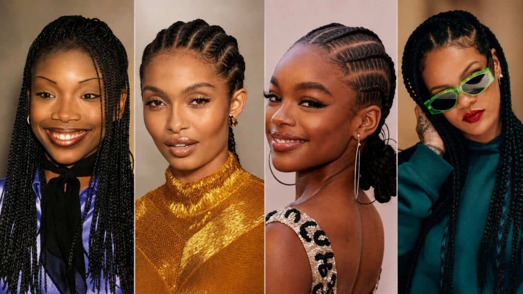 Brandy, Yara Shahidi, Marsai Martin, and Rihanna showcase box braids, cornrows, and stitch braids