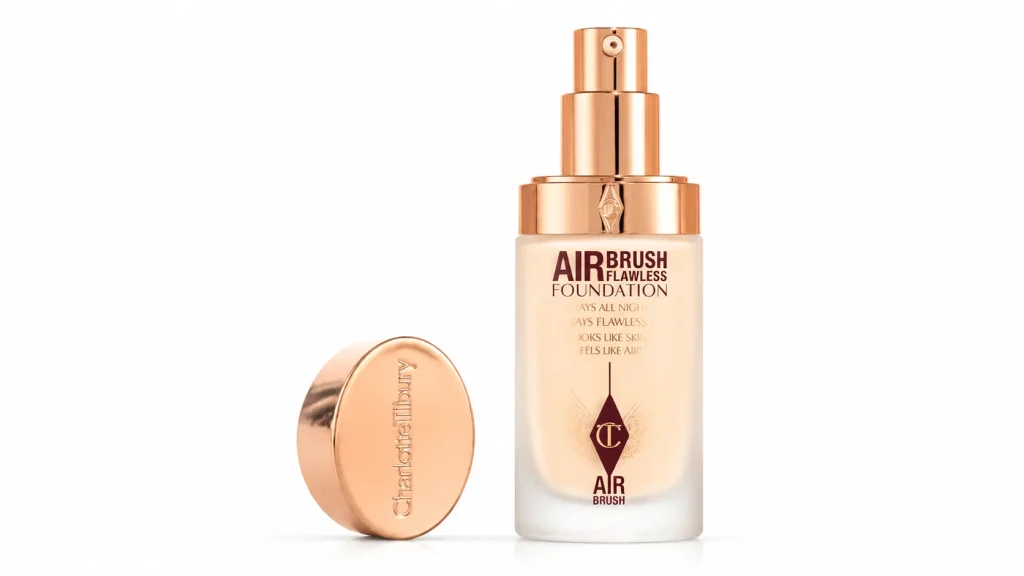 Charlotte Tilbury Airbrush Flawless Foundation bottle with rose gold cap on white background for makeup routine