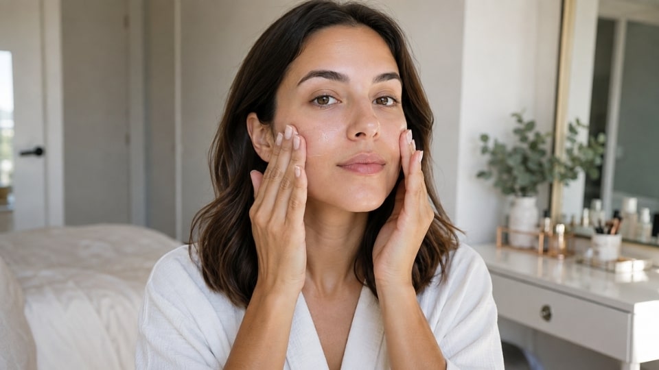 Woman applying moisturizer to her face before starting a makeup routine at a bright vanity area