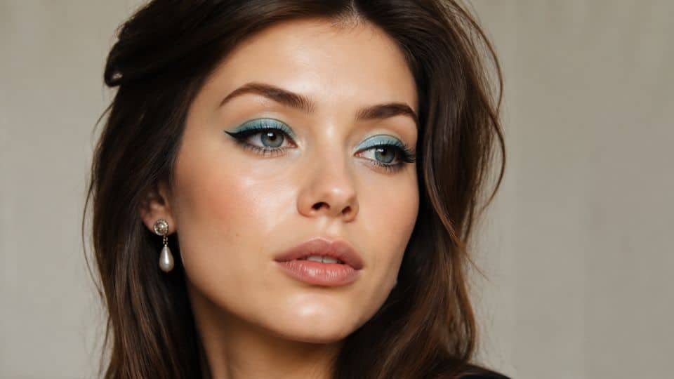 Cleopatra inspired 60s makeup with turquoise eyeshadow, bold winged liner, dramatic lashes, and defined lips