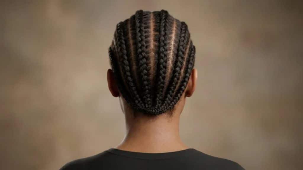 Back view of sleek cornrow braids showing detailed scalp patterns and tightly woven rows