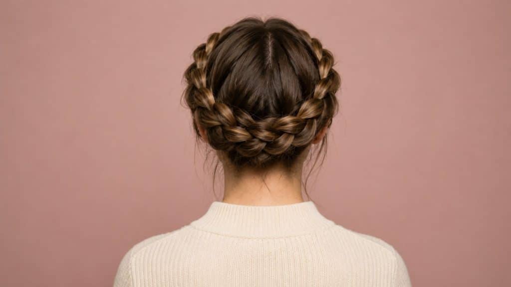 Crown braid wrapped around the head like a soft braided headband