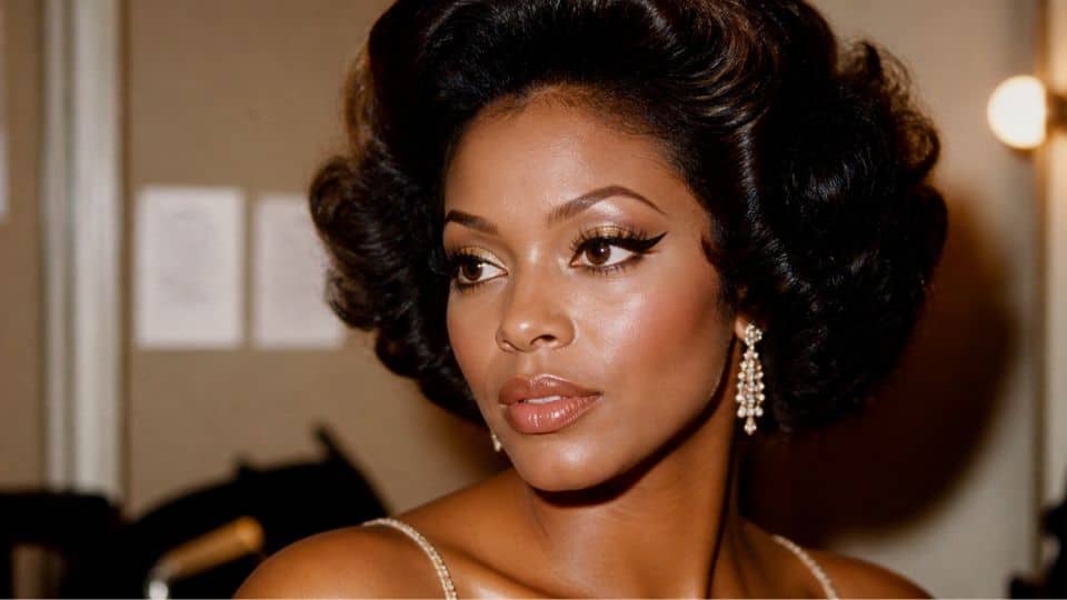 Diana Ross inspired 60s makeup with sharp cat eyes, full lashes, shimmer lids, and glossy lips