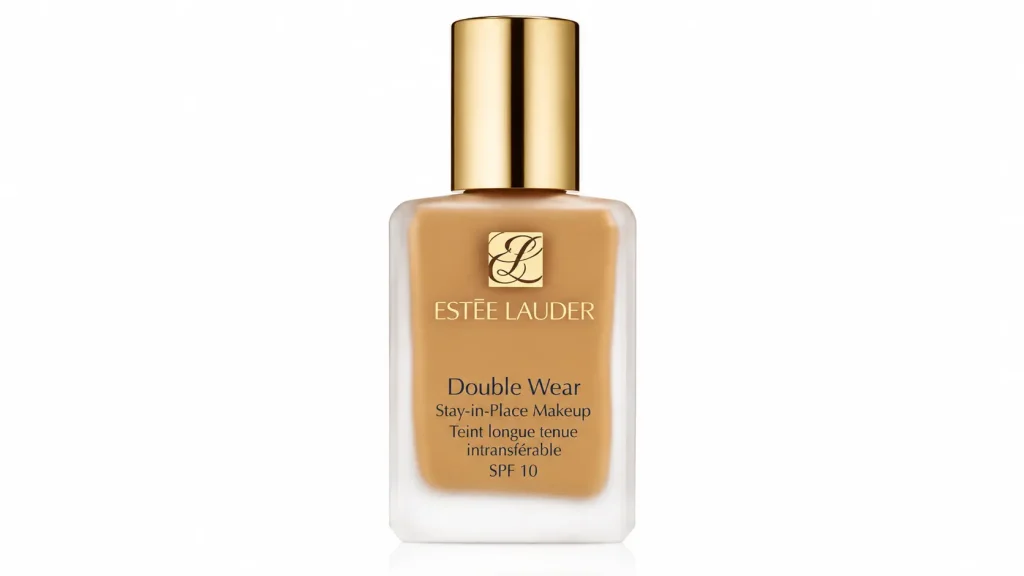 Estée Lauder Double Wear foundation bottle with gold cap displayed on a clean white background for makeup use