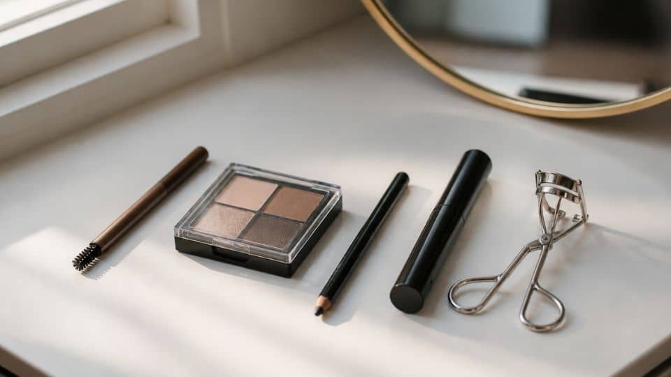 Brow pencil eyeshadow palette eyeliner and mascara placed together as essential eye makeup products on vanity