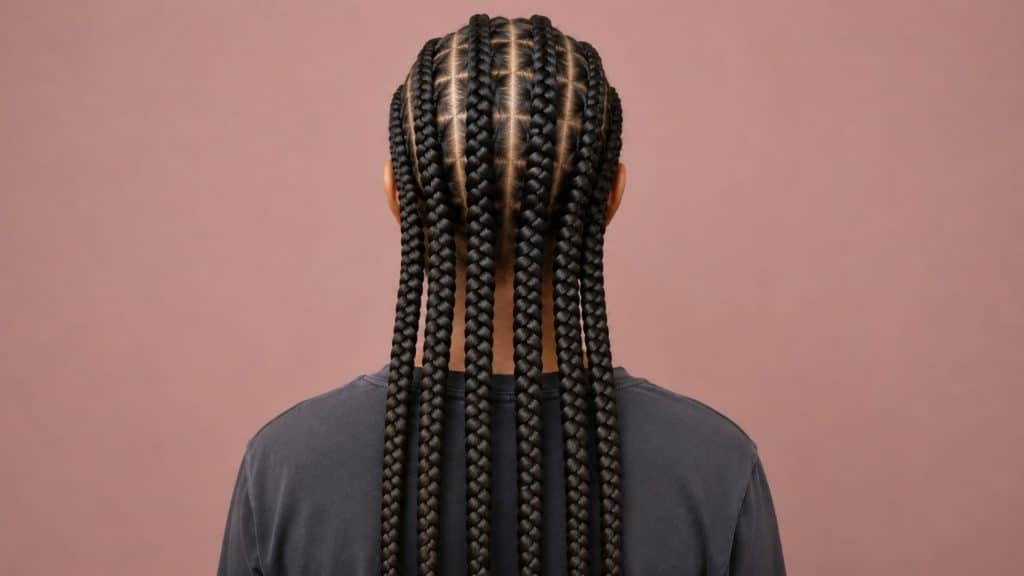 Back view of feed-in braids showing neat scalp sections and gradually added extensions for a fuller braid style