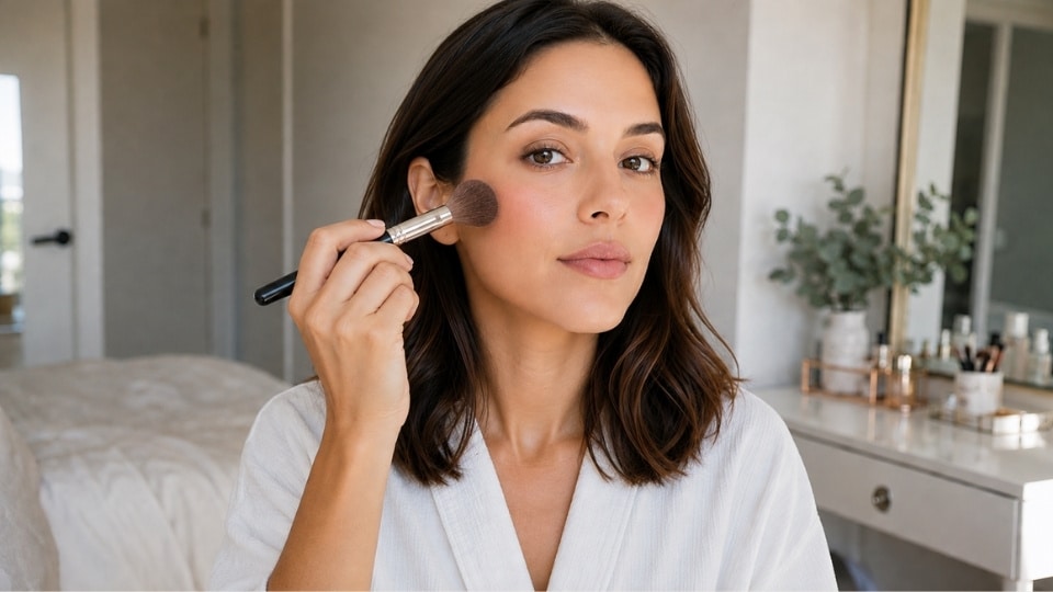 Woman applying blush with a makeup brush while completing her makeup routine at a vanity