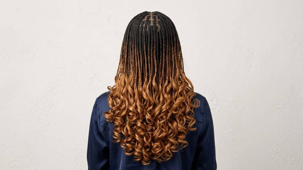 Back view of French curl braids featuring neat braids with voluminous curly ends