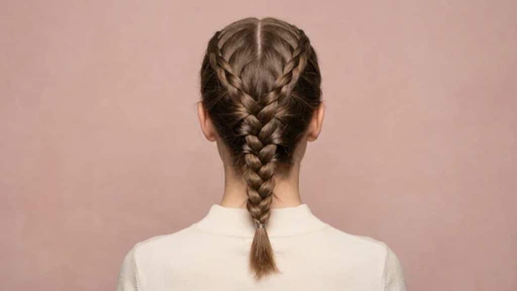 Back view of a classic French braid hairstyle showing gradual hair additions woven neatly from the crown to the ends