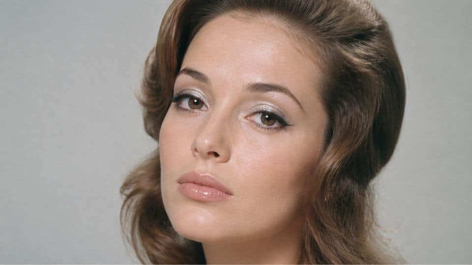 Late 60s makeup look with silver shimmer eyeshadow, defined lashes, pale lips, and vintage styling
