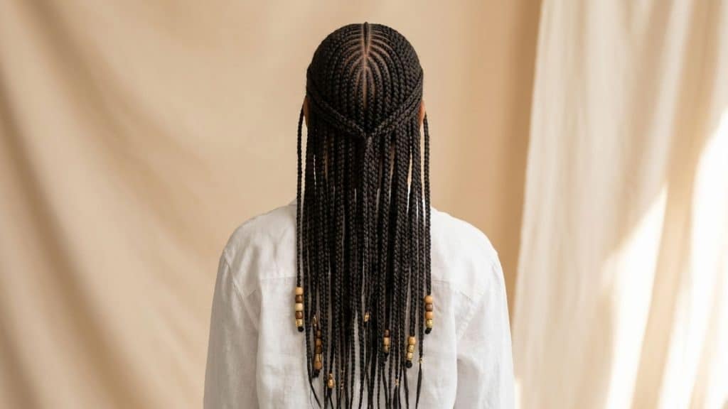 Back view of Fulani braids featuring cornrows, individual braids, center parting, and decorative details