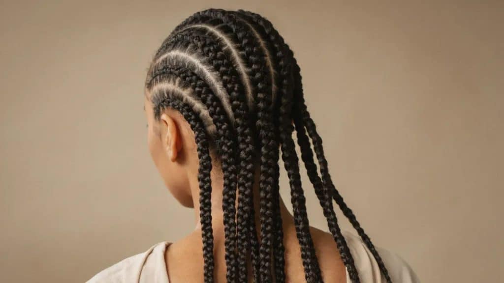 Back view of thick Ghana braids with feed-in sections and a bold raised protective style