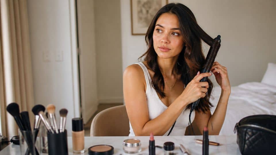 Woman styling her hair at a vanity with makeup products arranged in front of her during a beauty routine