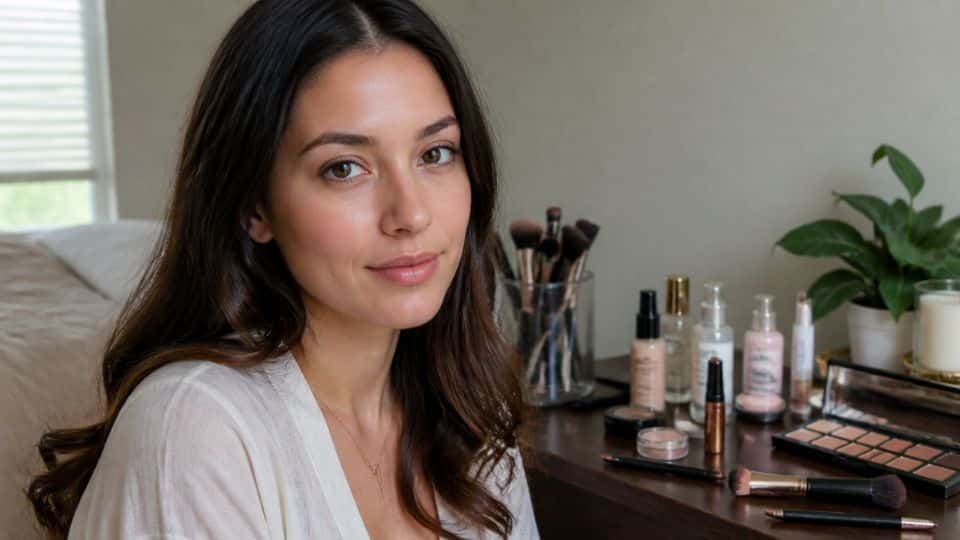 Woman with completed natural makeup look sitting at a vanity table surrounded by organized makeup products and beauty tools at home