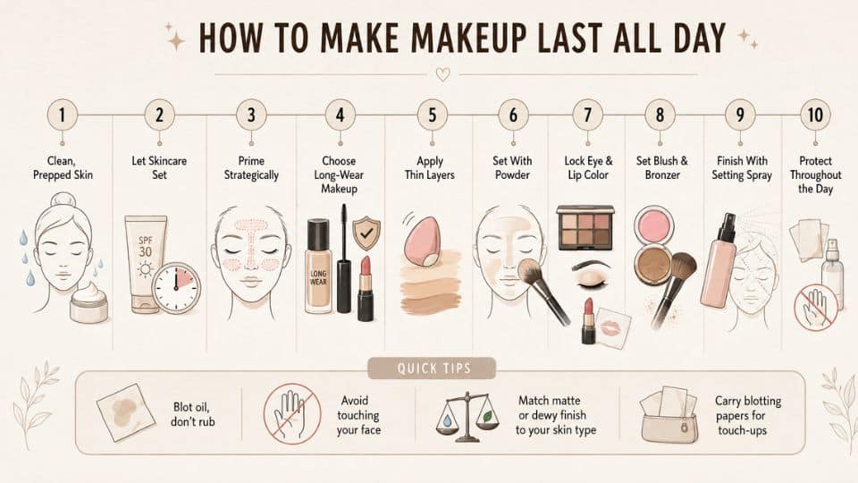 Editorial beauty infographic showing 10 steps to make makeup last all day, from skin prep and primer to setting spray, plus quick touch-up tips.