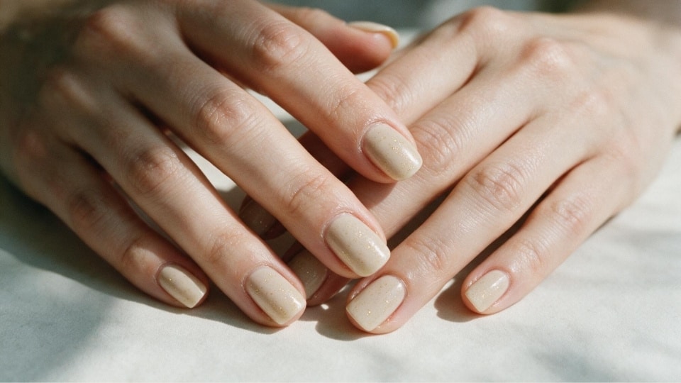 Hands showing a fresh press on nail set with natural length, realistic finish and simple manicure appearance