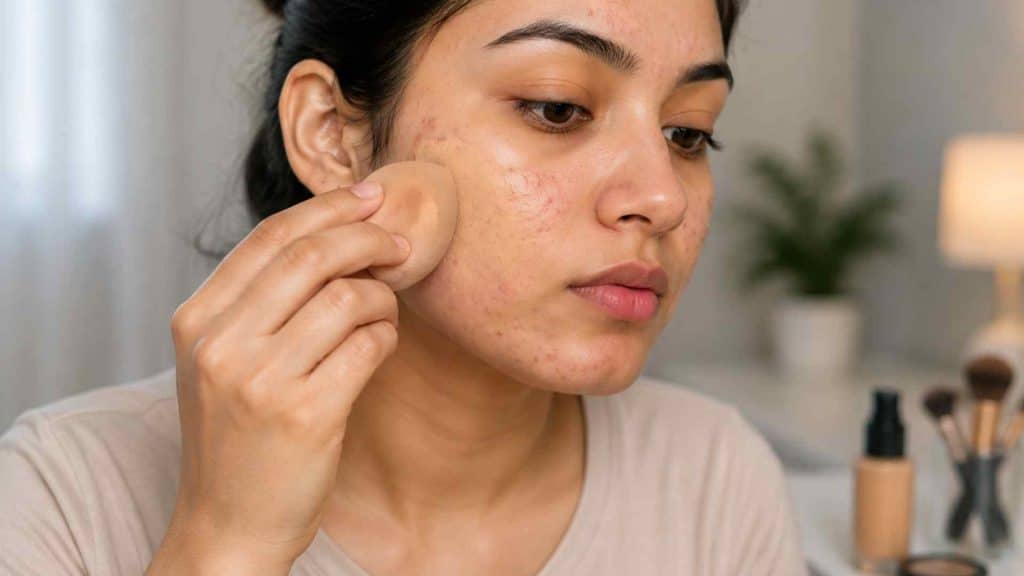 Woman applying a thin layer of lightweight foundation, demonstrating how to wear makeup without worsening acne.