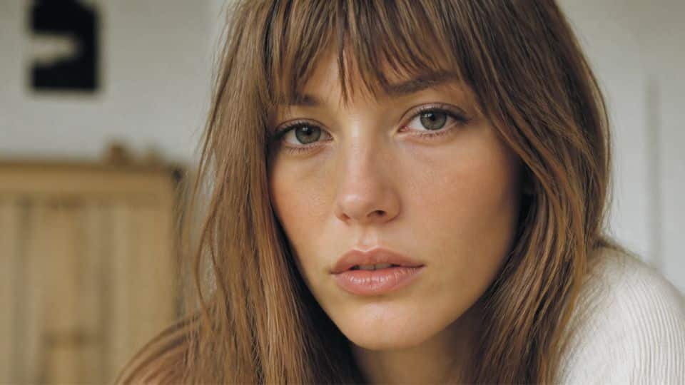 Jane Birkin inspired 60s makeup with natural skin, brown mascara, soft brows, freckles, and glossy nude lips