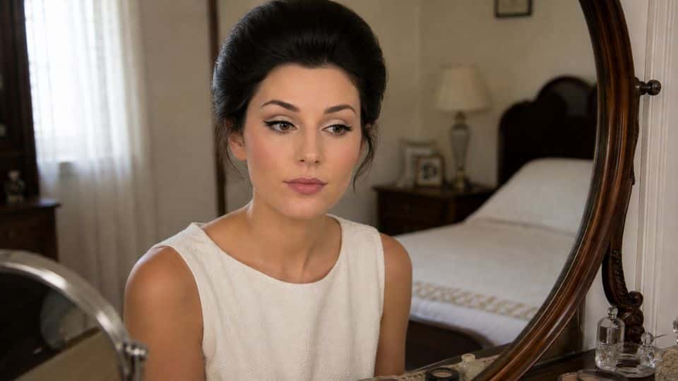 Woman showing her finished 60s makeup look with defined eyes, soft blush, nude lips, and vintage hairstyle